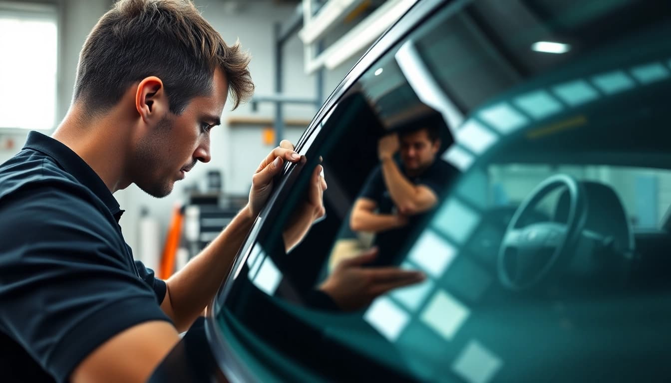 Install window tint Chattanooga with skilled technicians applying film in a modern workshop.