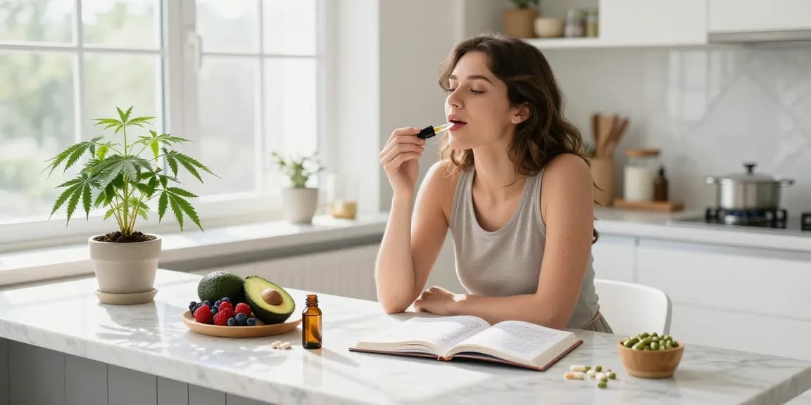 Legal vaping age in Cyprus context shown with CBD oil tincture, fresh ingredients, and wellness items in bright kitchen atmosphere.