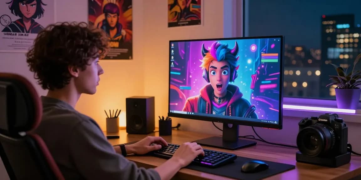 User engaged in NSFW chat with AI character on modern computer, showcasing vibrant atmosphere.