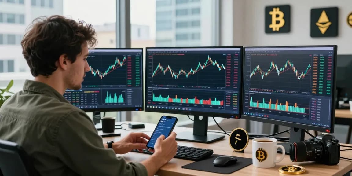 Трейдер на современном столе с графиками, отзывы bitmex на экране, работающим в уютном офисе