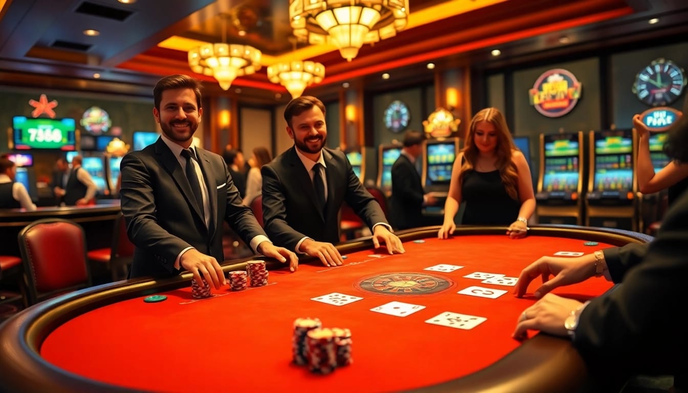 Engaged players enjoying high-stakes action at FB68 casino, with vibrant cards and chips on a polished table.