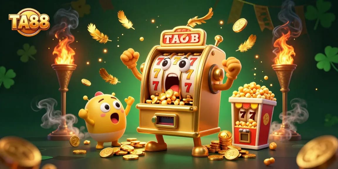 TA88 slot machine celebrating a jackpot win with baby machines cheering and popcorn machine sidekick.