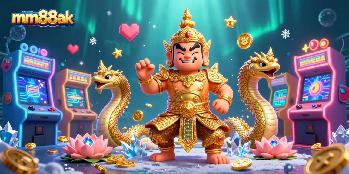 Enchanting mm88ak scene with a Thai temple guardian and Naga serpents among gaming elements.