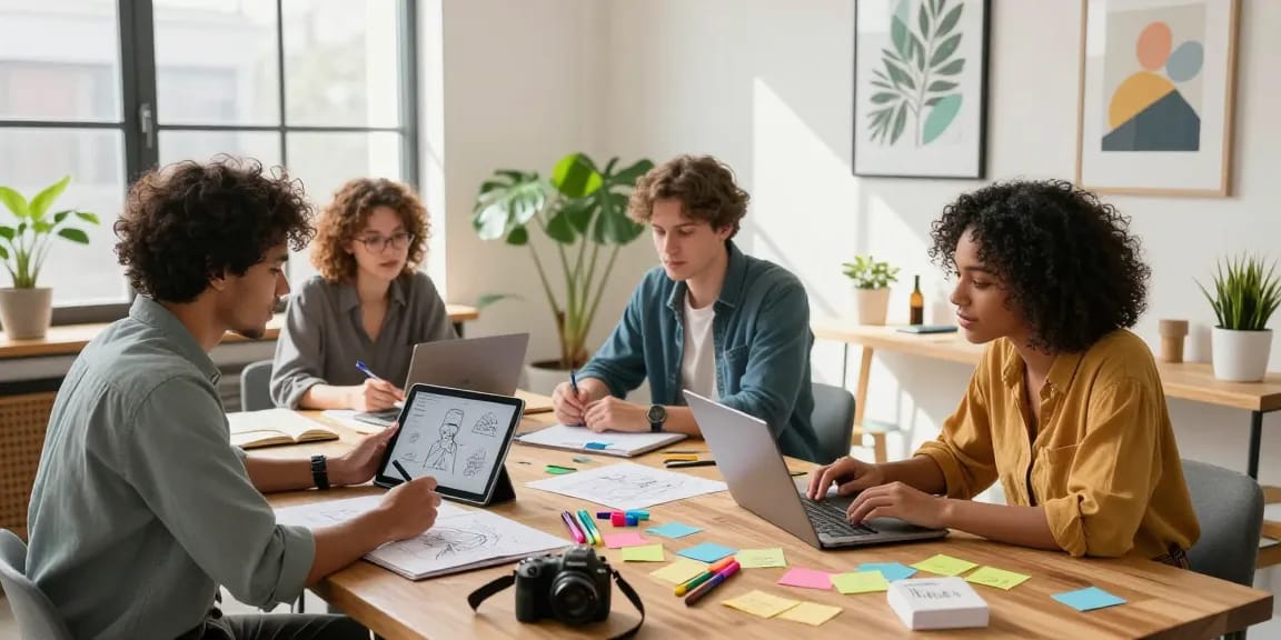 Collaboration scene with professionals brainstorming ANTOHOKI concepts in a vibrant workspace filled with natural light.