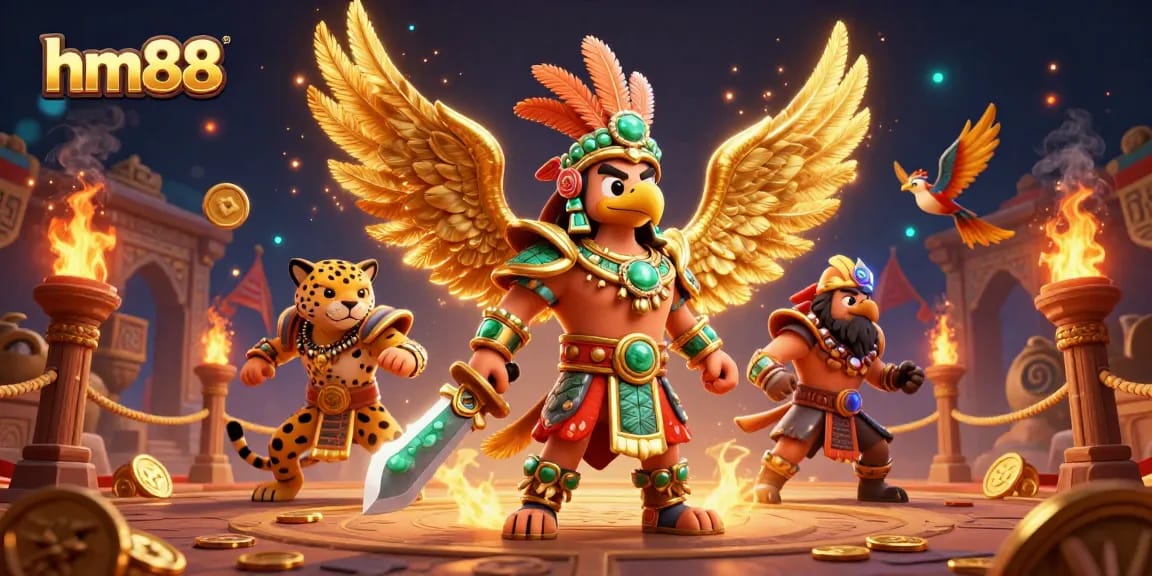 Experience thrilling gameplay at hm88 with an Aztec warrior eagle and a jaguar warrior in a dynamic casino scene.