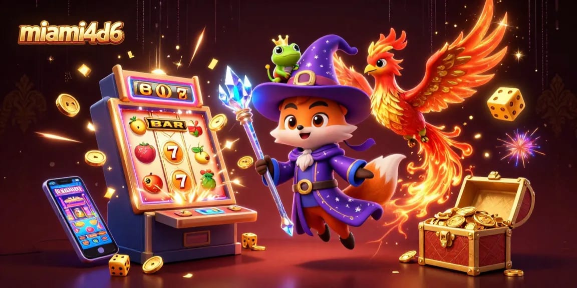 Spin and win with miami4d6 in this colorful 3D casino scene full of jackpots and magical characters.