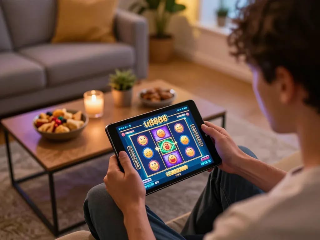 Engaged player enjoying the u8888 online slot game on a tablet in a cozy setting