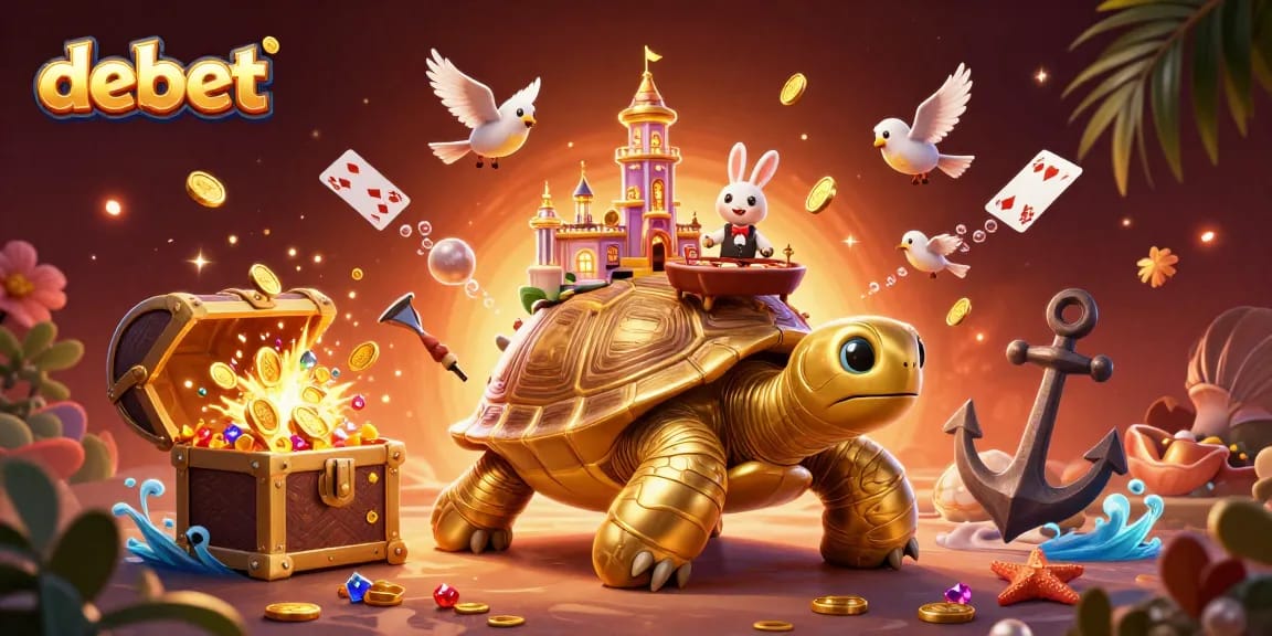 Experience debet with a vibrant scene of a golden tortoise casino and golden coins in play.