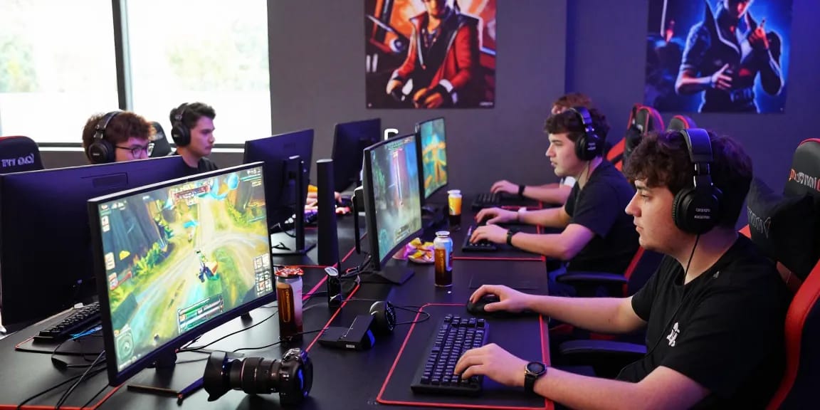Exciting online gaming scene featuring gamers engaging at desks with colorful visuals from https://fau88.com/.
