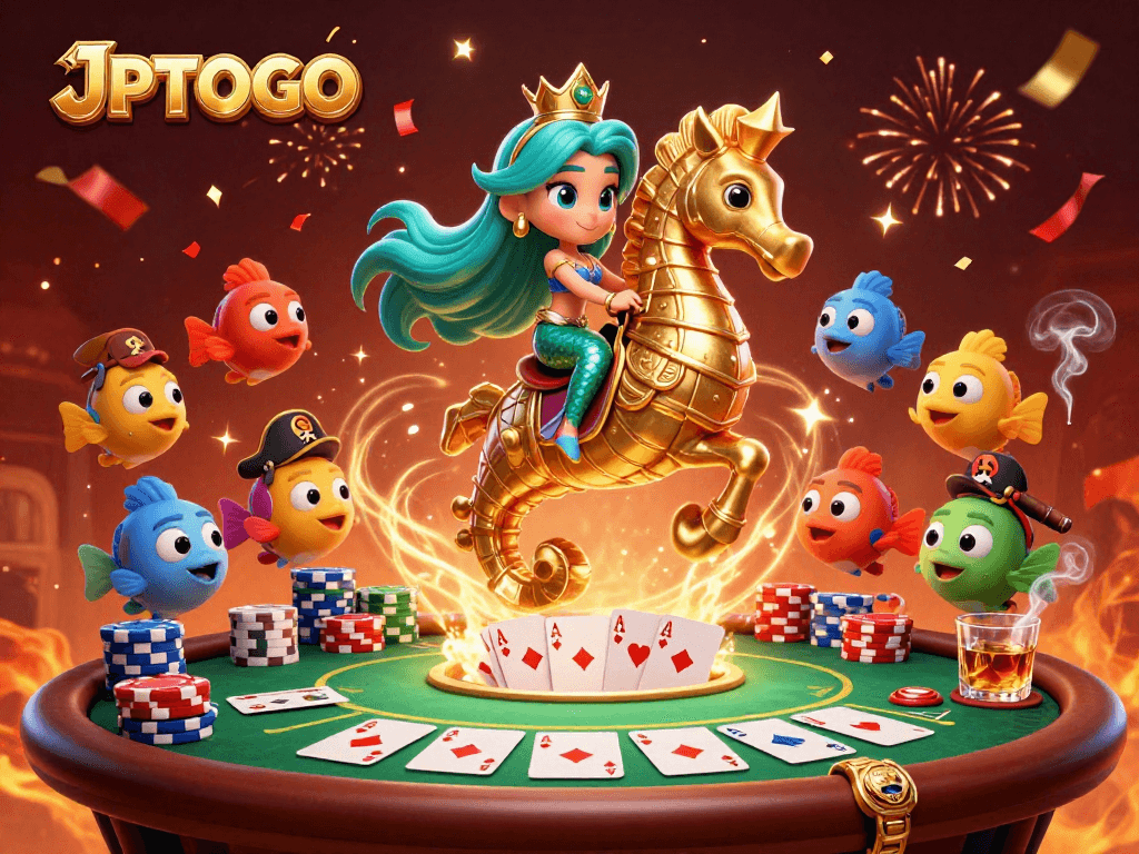 Experience winning features in JPTOTO’s vibrant casino scene with poker tables and mermaid royalty.
