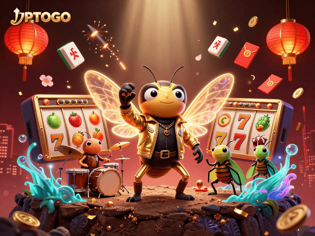 Celebrate wins with JPTOTO's vibrant slot reels, featuring energetic characters in a dynamic casino scene.