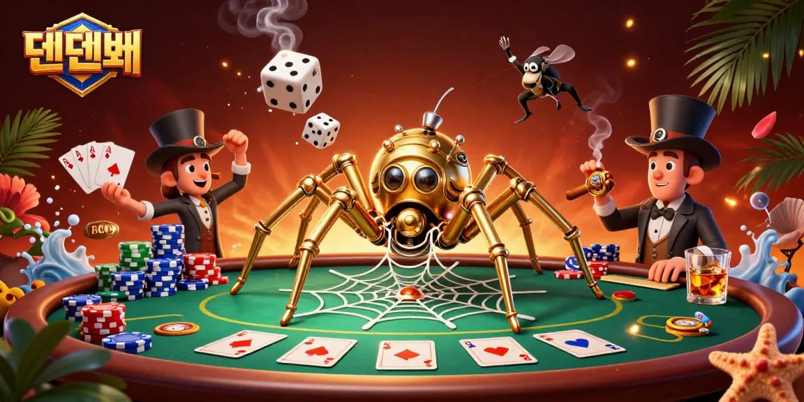 Experience the thrill of 텐텐벳 with a steampunk spider weaving golden webs and poker chips.