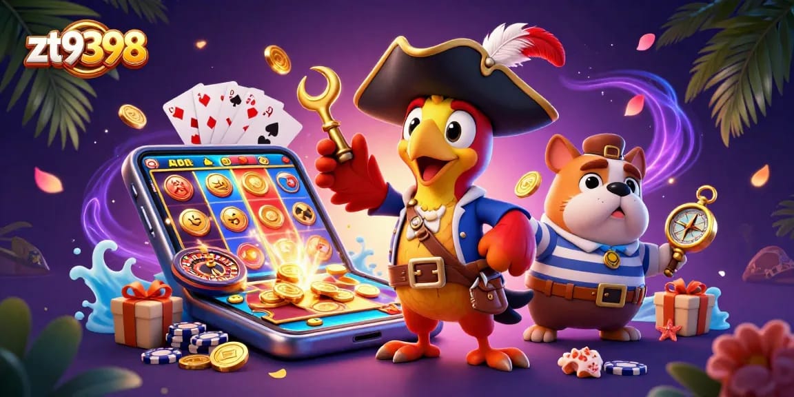 Engage with exciting games at zt9398, featuring a vibrant casino adventure with colorful slot reels and characters.