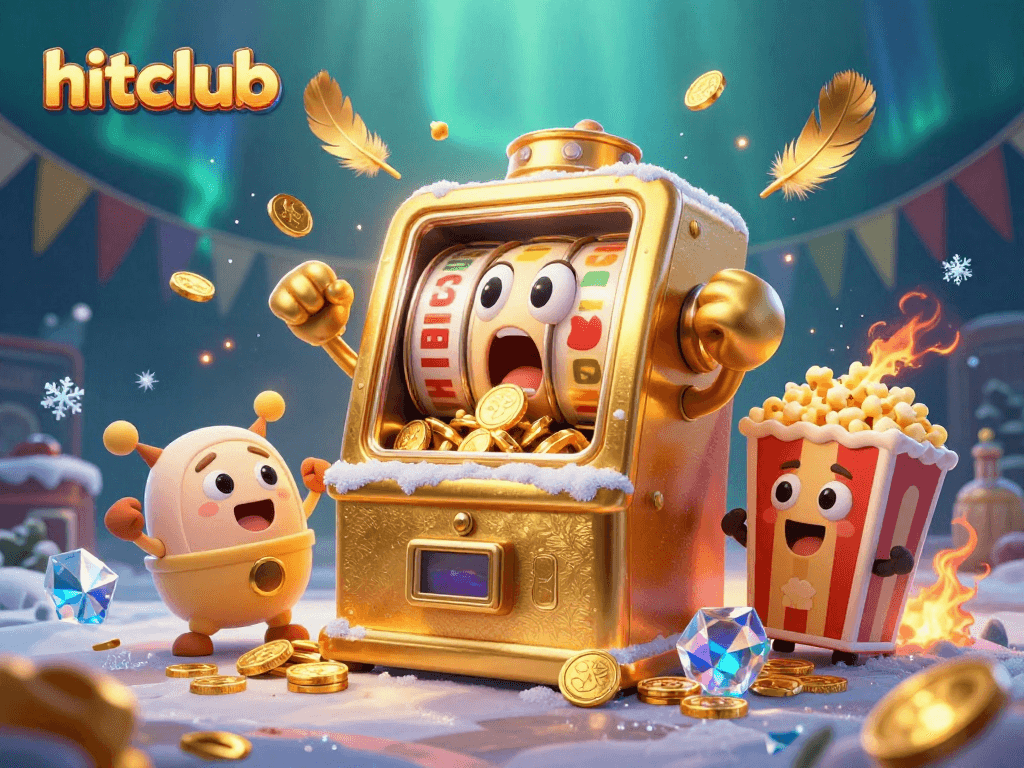 Hitclub slot machine animation with a golden jackpot pouring coins, vibrant cartoon style illustration.