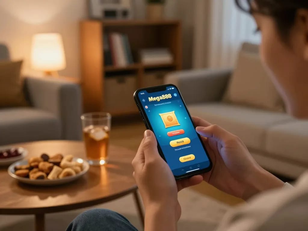 Experience Mega888 gaming action on a smartphone while enjoying a cozy website atmosphere