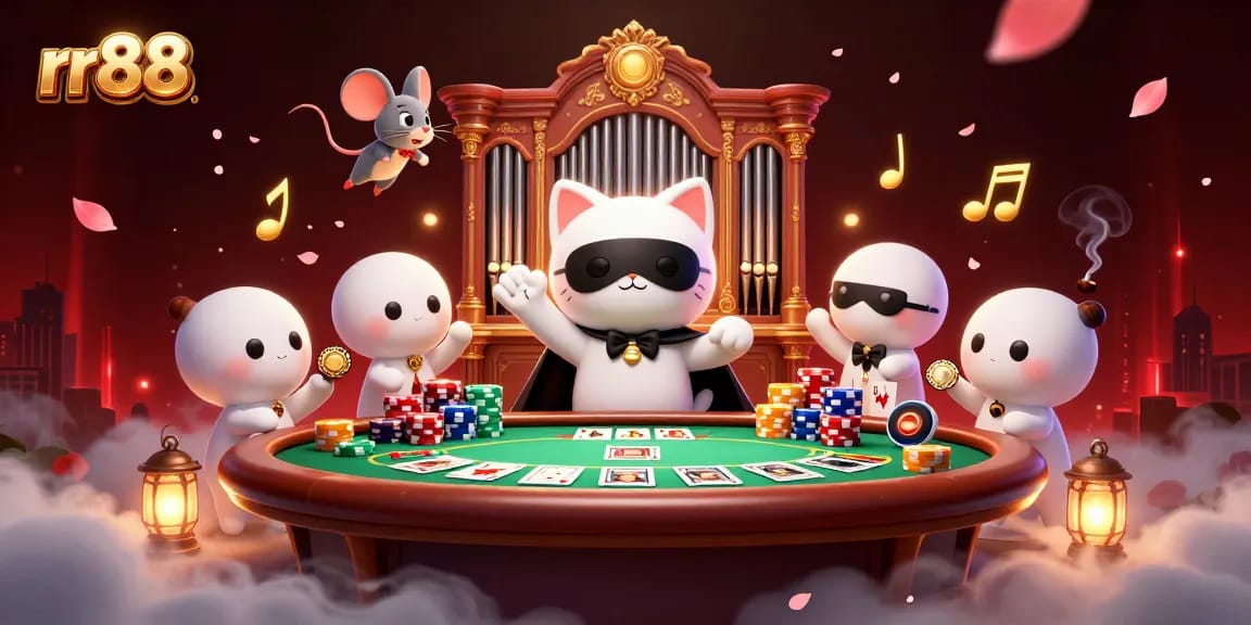 Engage with rr88's exciting casino scene featuring a whimsical masked cat, poker chips, and dynamic play elements.
