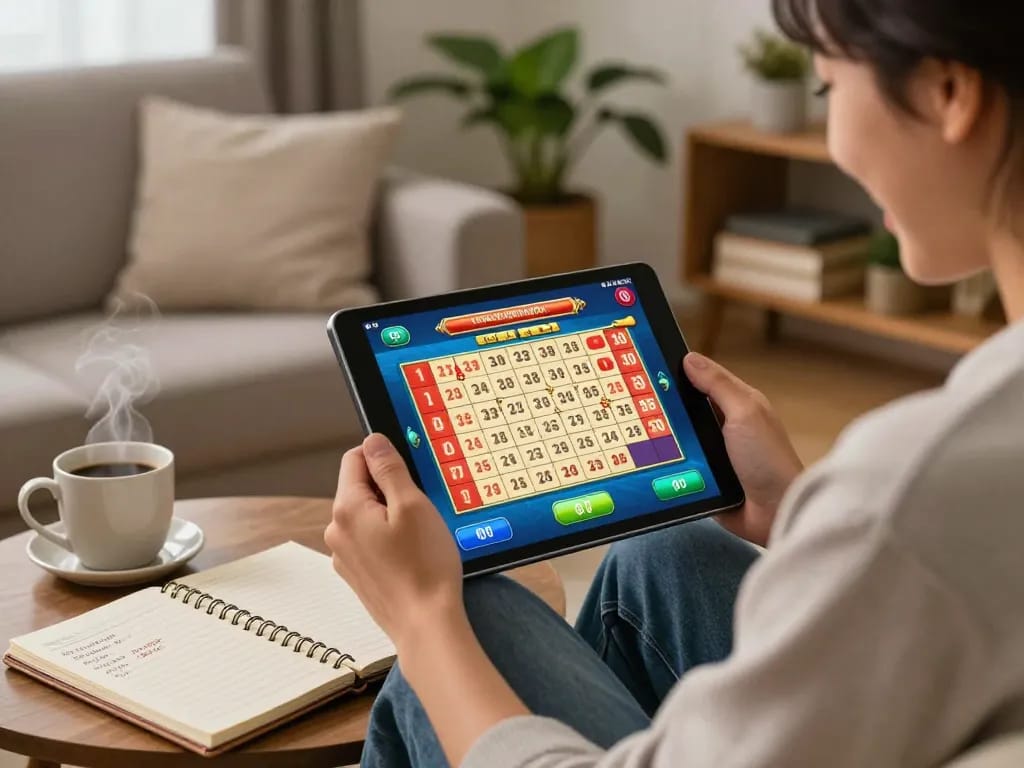 Engaging online lottery gaming scene with player analyzing data sgp on tablet, cozy home setting.