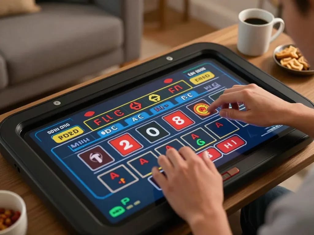 Player engaging in interactive online roulette game on tablet at home, showcasing Fokus777 gaming experience with vibrant colors.