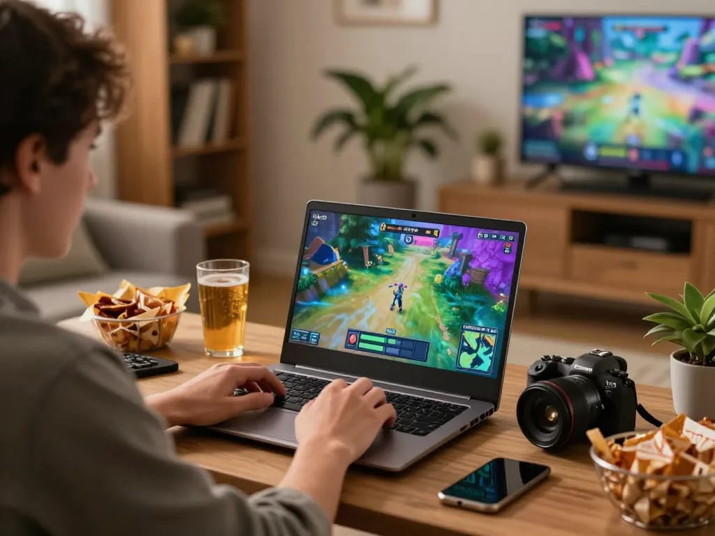 KADAL778 player enjoying interactive gaming on laptop with vibrant graphics and snacks in a cozy setting.