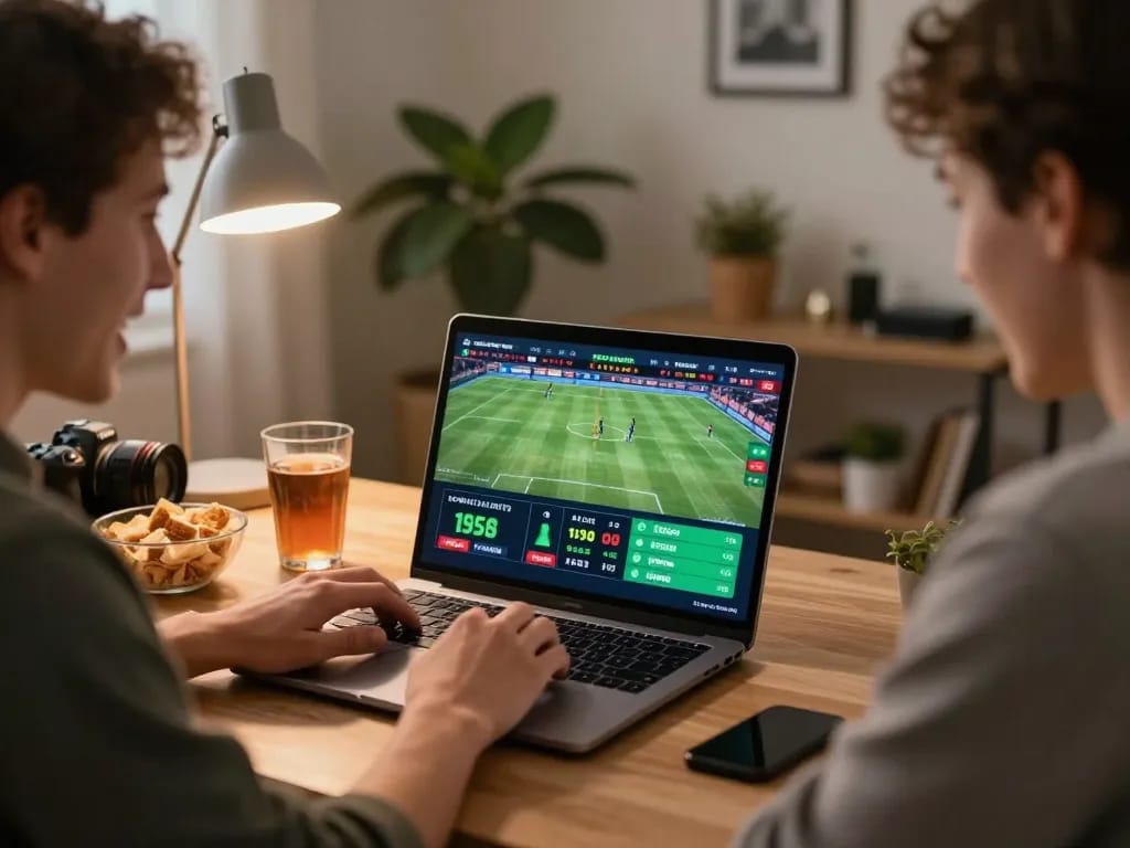 Engaging in sports betting at home using https://ulat123g.com/, showing live event on laptop screen.