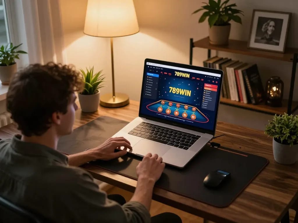 Engaging with the 789WIN casino interface during a live dealer game in a stylish home office setup