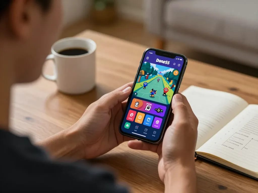 Player engaging with the Done55 app on smartphone, showcasing vibrant game graphics.