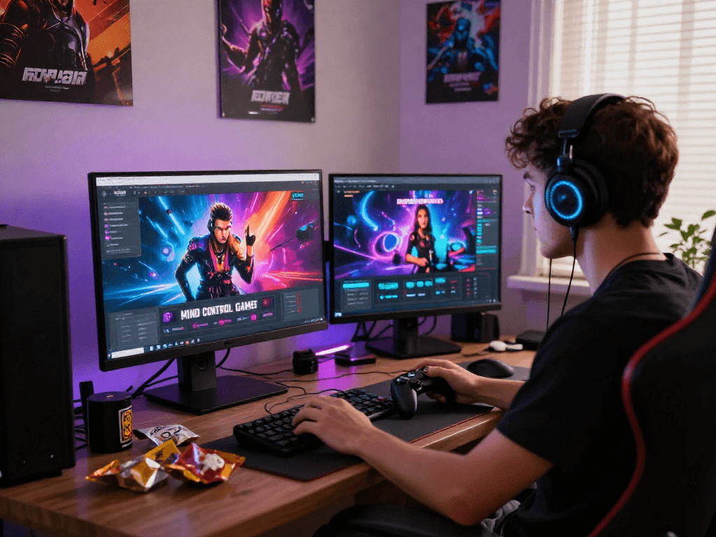 Engaging player enjoying mind control porn games on a sleek desktop with bright graphics and a cozy ambiance.