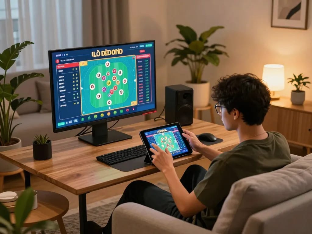 Lô đề online gameplay on tablet, showing betting interface in a cozy home environment