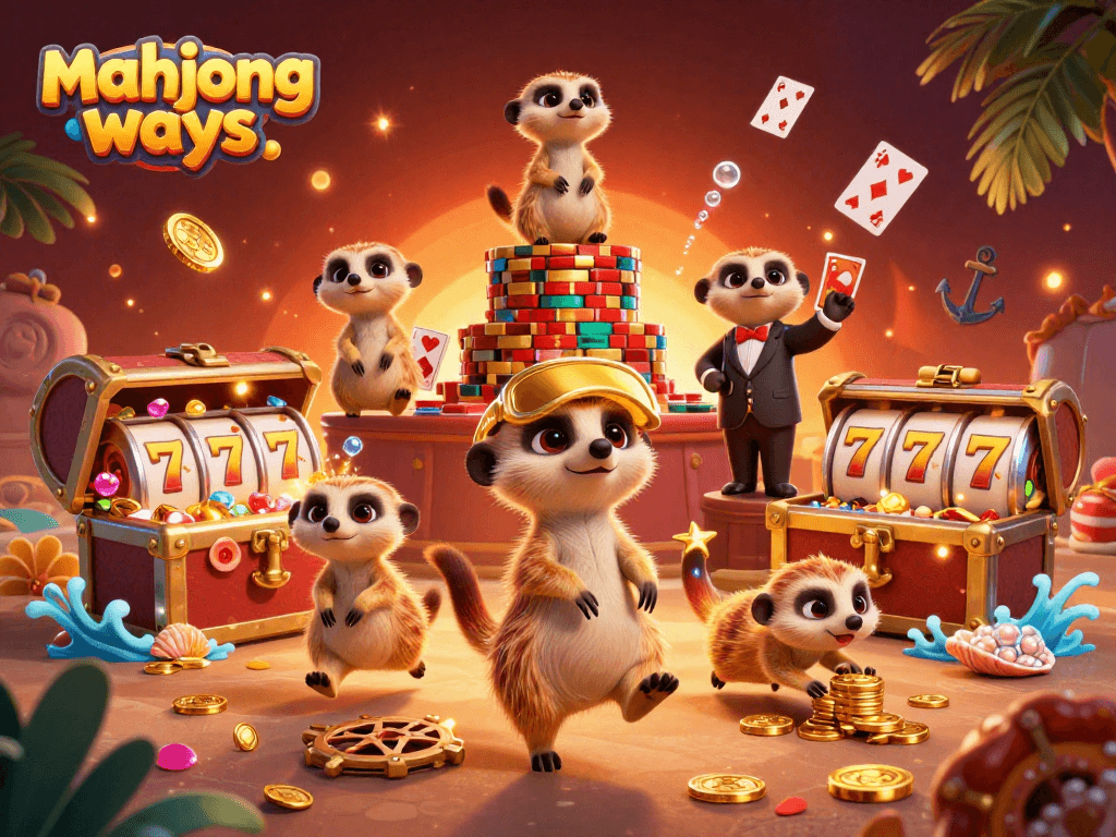Experience mahjong ways in a vibrant casino scene full of meerkats and slot adventures.