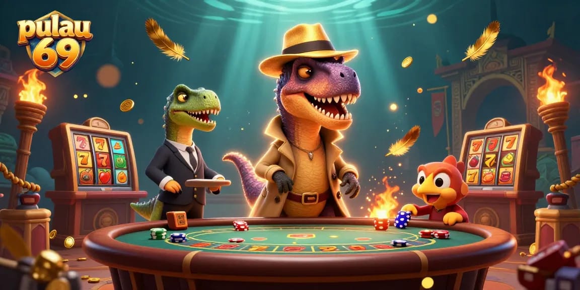 Experience premium action at pulau 69 with a velociraptor card counter amidst thrilling slot games.