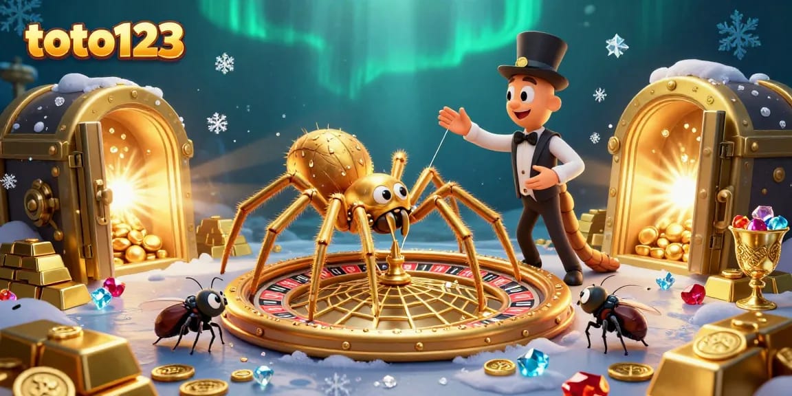 Experience the thrill of gaming with toto123 as a golden spider spins a roulette web amidst treasure.
