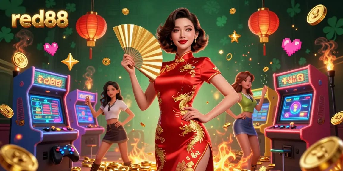Win big with red88 in this ultra-detailed 3D casino illustration showcasing vibrant Asian culture and gaming.