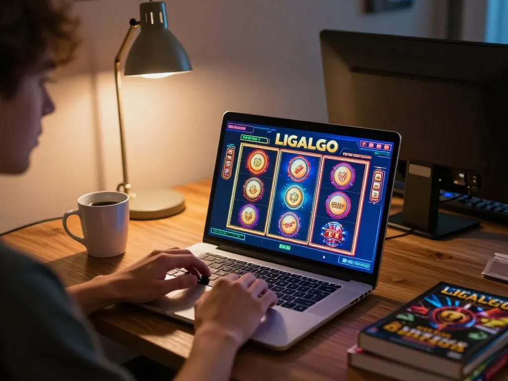 LIGALGO online slots gameplay on a laptop showcasing vibrant graphics in a cozy setting