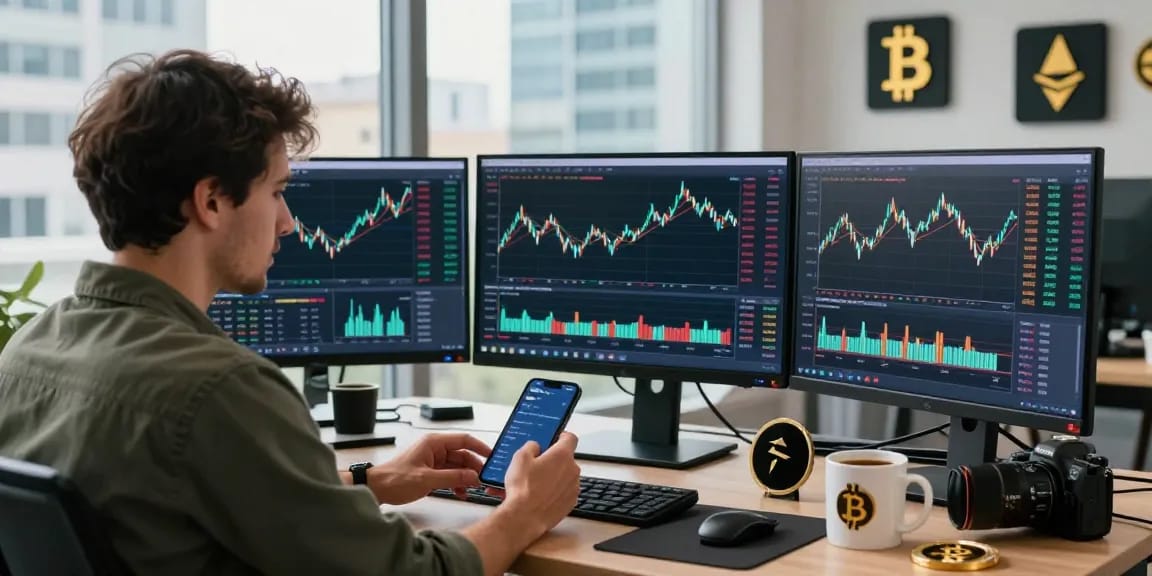 Трейдер на современном столе с графиками, отзывы bitmex на экране, работающим в уютном офисе