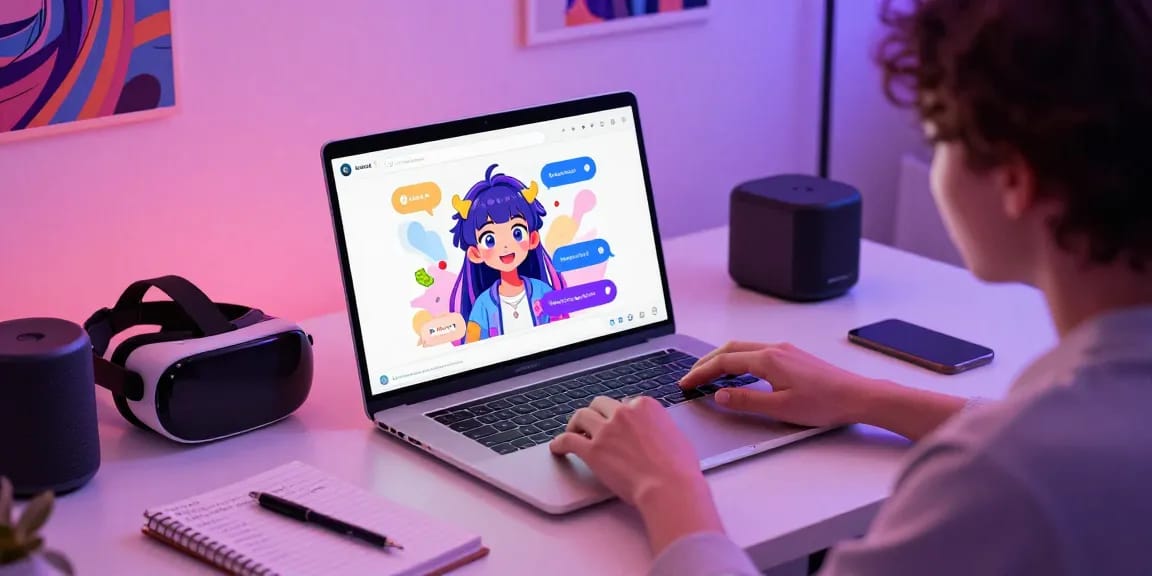 Engaging hentai ai chat experience displayed on a sleek laptop in a vibrant anime-inspired workspace.