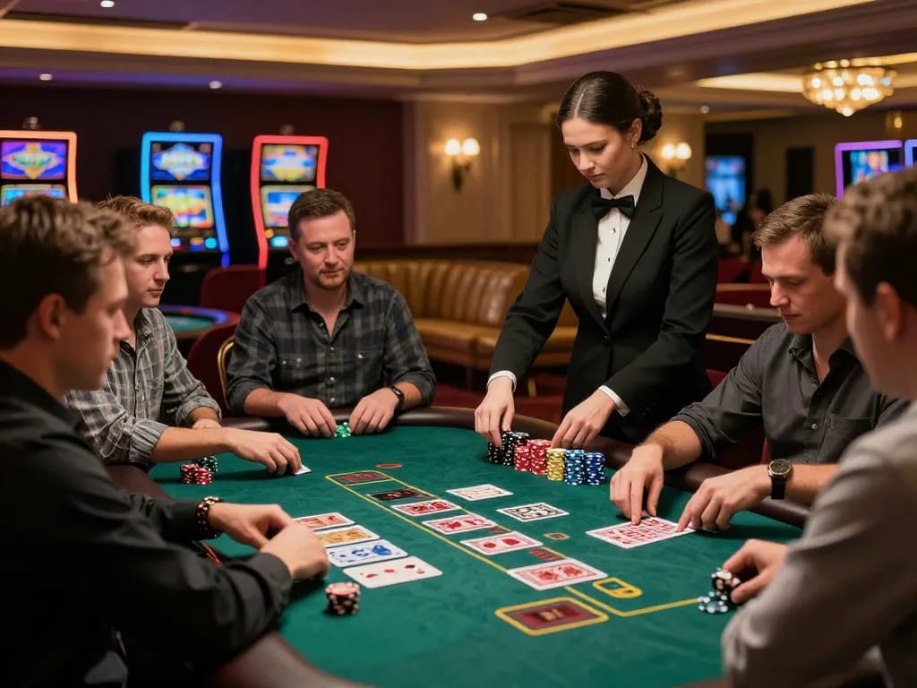 Engaging blackjack action at mb88 casino table with players and dealer interaction
