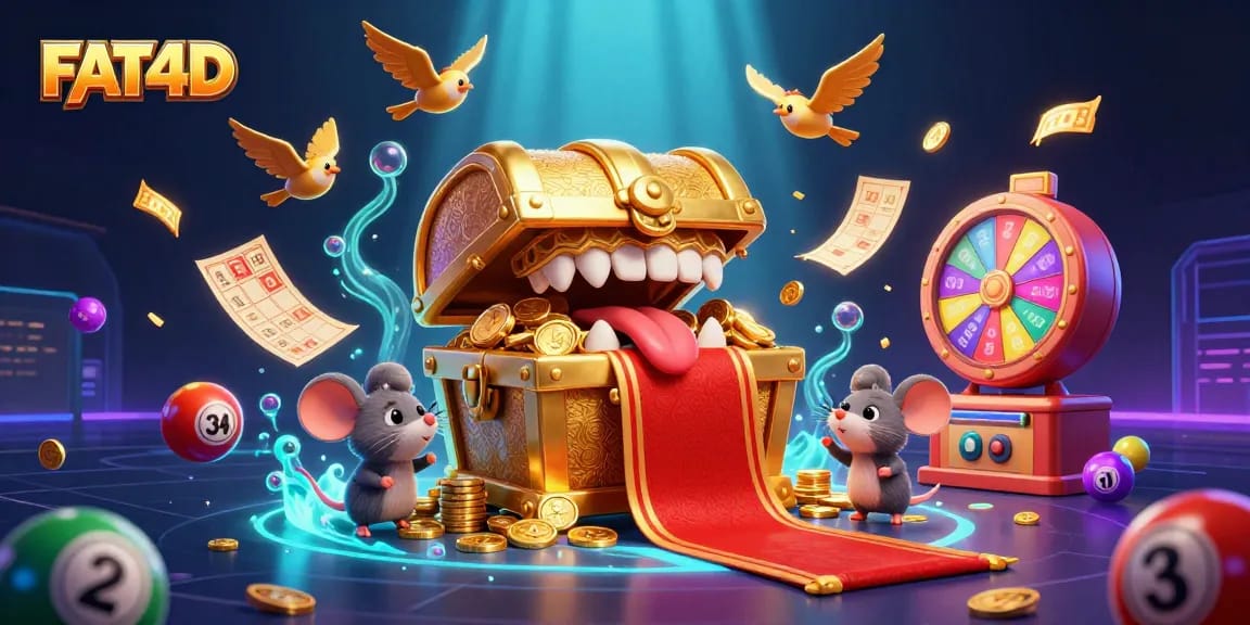 FAT4D showcases dynamic treasure chest illustration enticing players with vibrant casino elements.