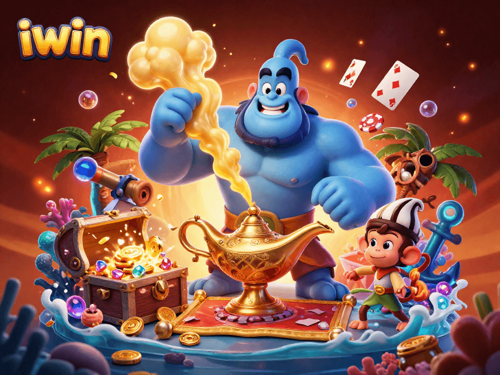 Experience iwin’s vibrant casino theme with a muscular genie and magical cards in this dynamic illustration.