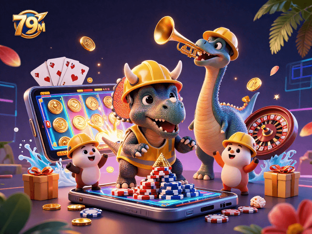 Os dinossauros e as animações celebrativas do 79M ao construir uma pirâmide de fichas de poker.