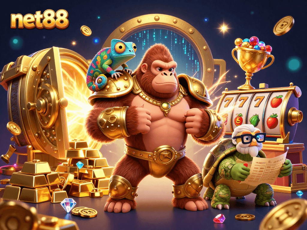 Experience thrilling gameplay at net88 with a vibrant casino scene featuring colorful characters and iconic symbols.