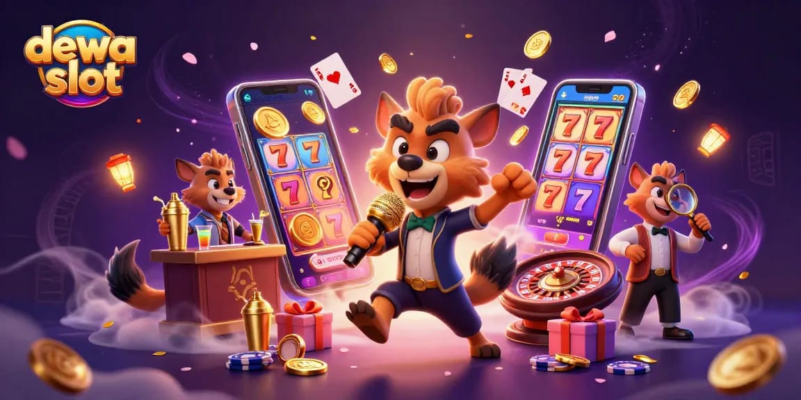 Experience dewa slot action with animated hyenas in a colorful casino scene full of games and laughter.