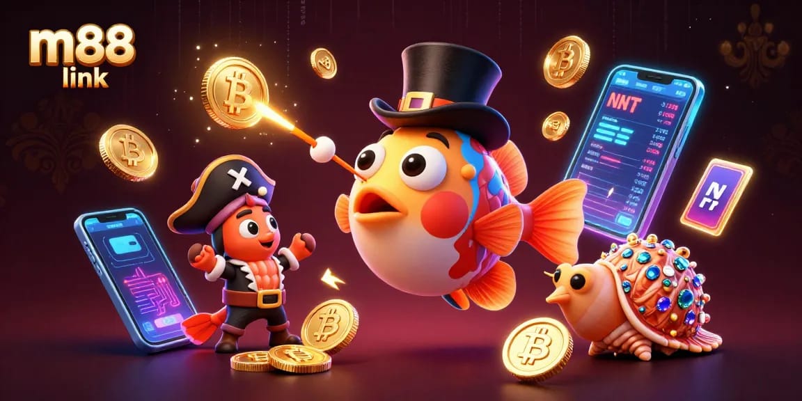 Terlibat dengan tautan m88 dalam ilustrasi cerah ini yang menampilkan karakter unik di adegan kasino futuristik.
