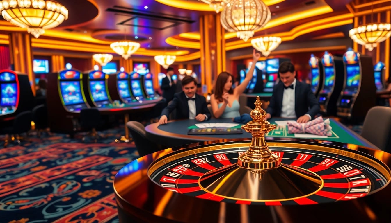Gamblers enjoying a thrilling experience at 13win nhà cái with poker chips and roulette wheels.