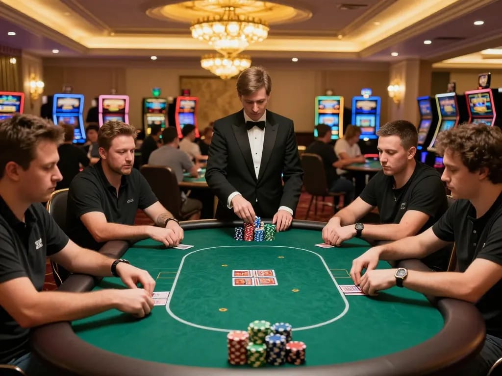 Maxpoker88 players strategizing in a vibrant poker game with colorful chips and elegant setting.