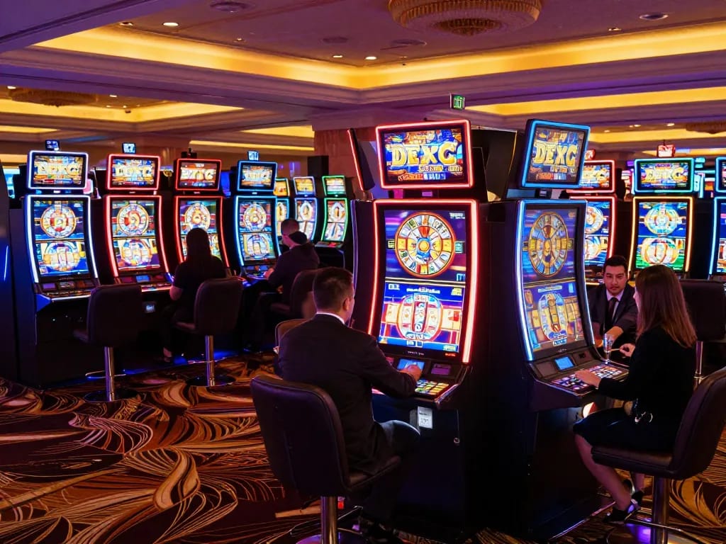 Players enjoy vibrant slot machines at a luxury casino floor while searching for revjeffhood strategies.