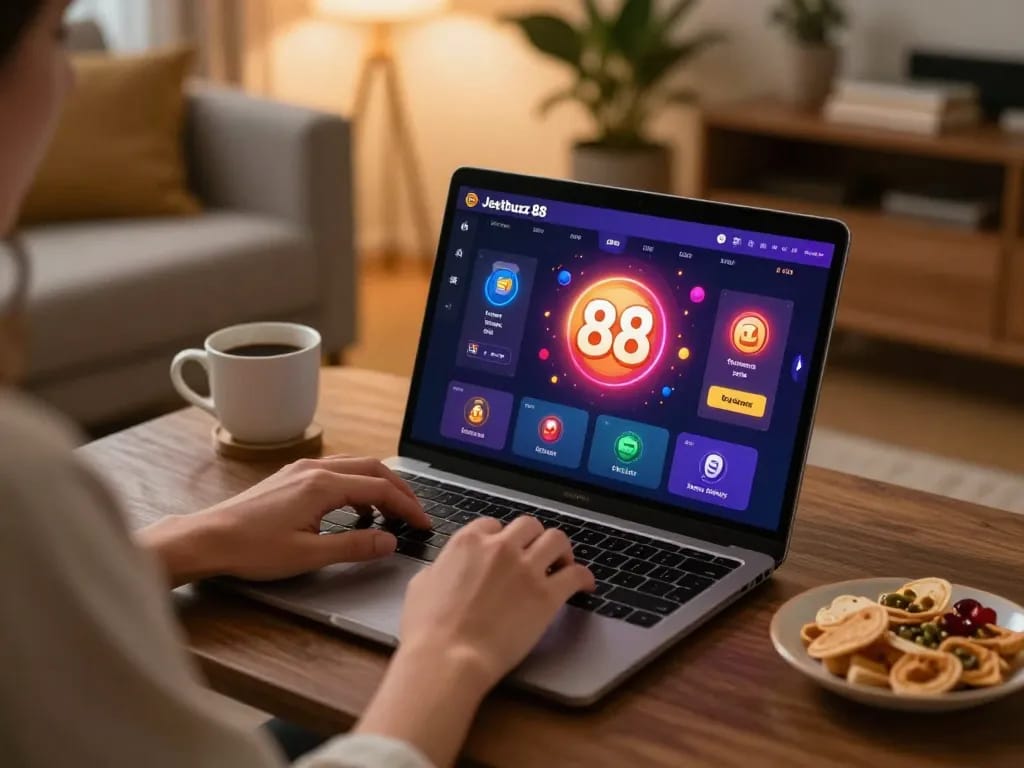 Person playing Jeetbuzz 88 online casino on a laptop, enjoying a cozy gaming atmosphere.