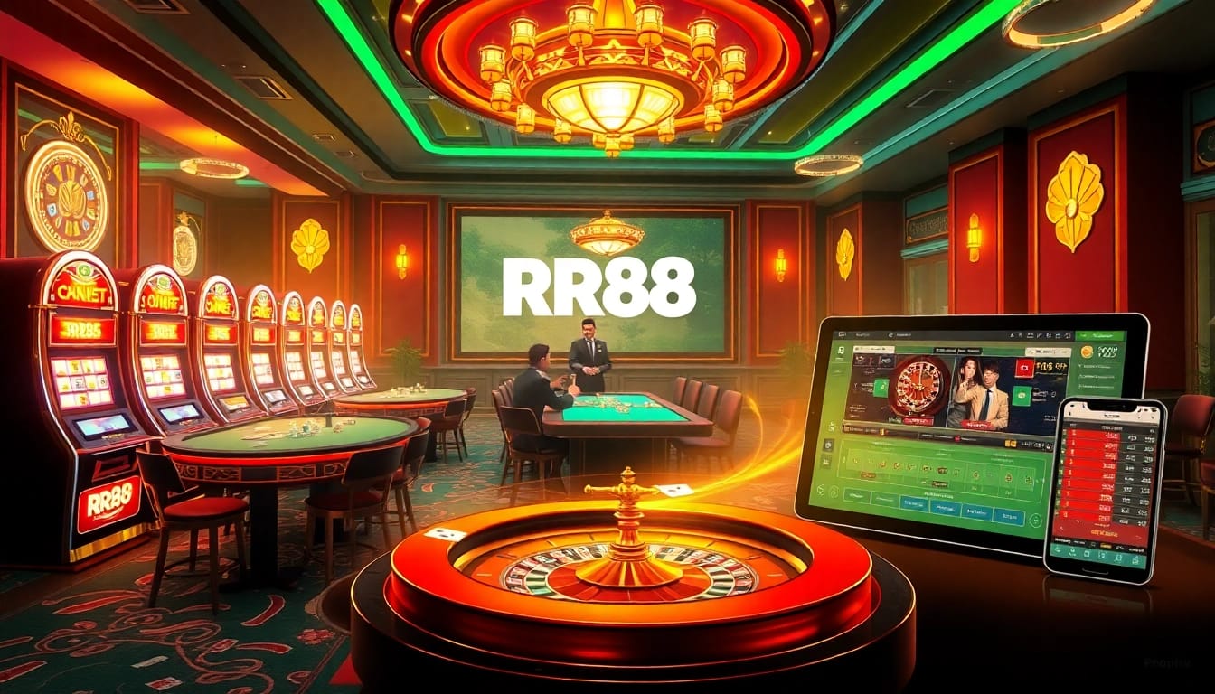 RR88 online gambling interface with casino tables, cards, and vibrant slot machines displaying excitement.