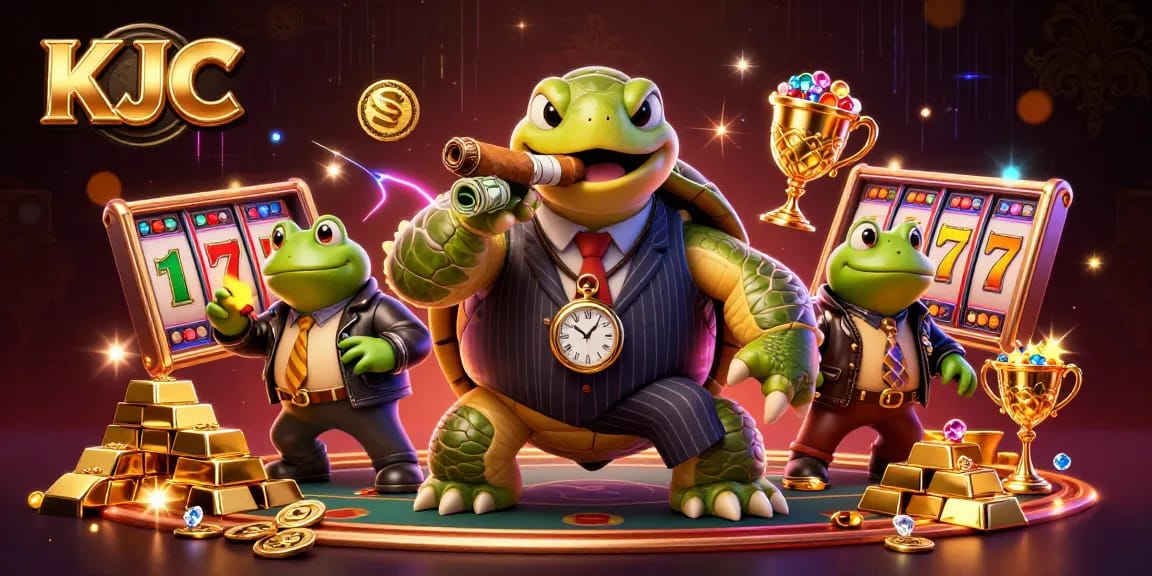 Engage with KJC's vibrant casino atmosphere featuring a turtle mobster in action amidst gold and slot reels.