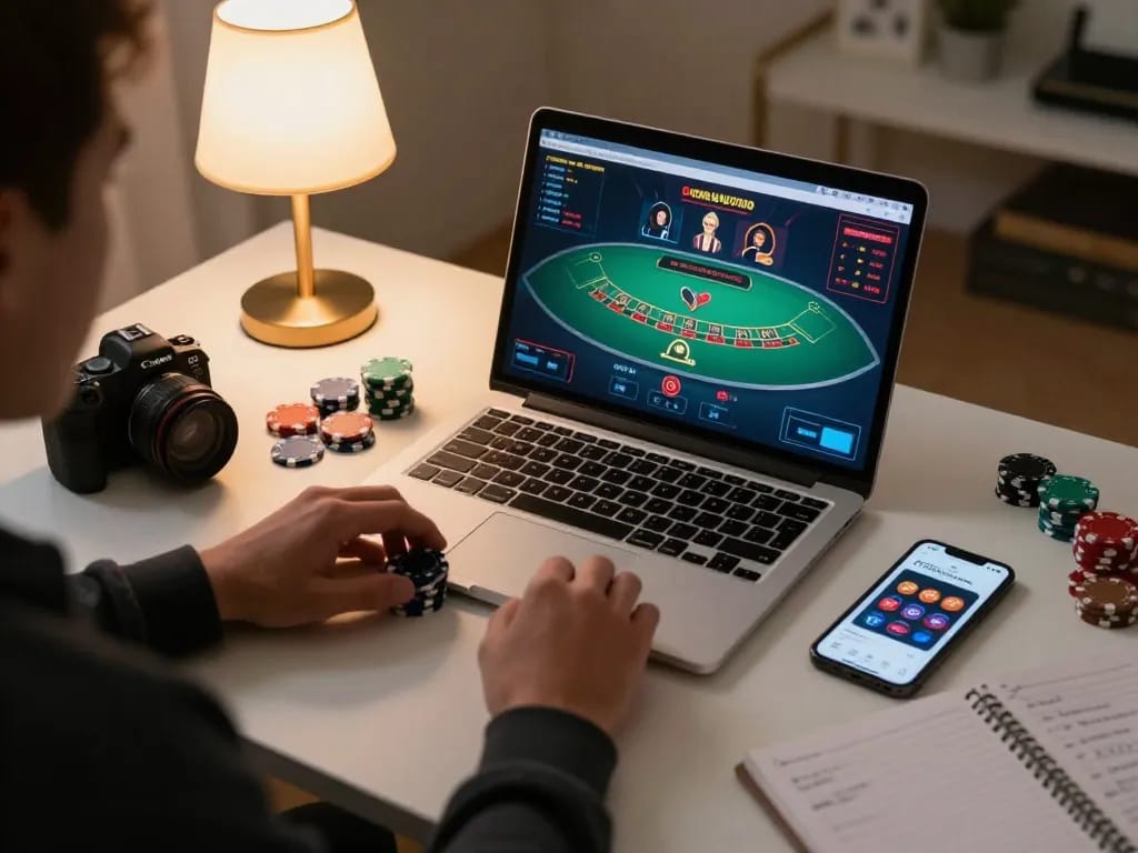 Player engaging in a live dealer game on LV88's online platform, surrounded by poker chips and strategy notes, in a cozy home office.