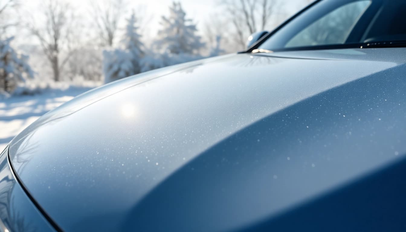 Highlighting PPF winter road salt protection on a vehicle amidst a snowy landscape.